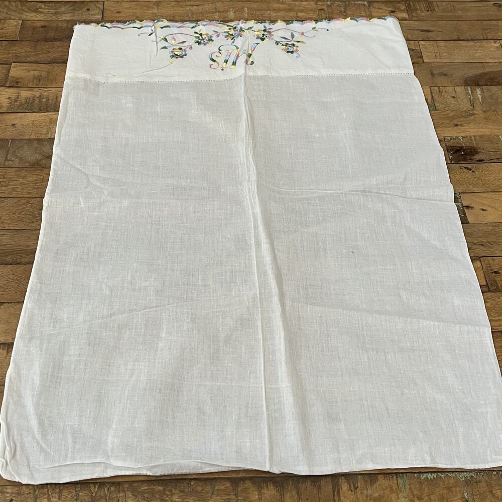 Vintage Colorful Embroidered "HIS" Pillowcase 19 x 26 Lightweight Linen